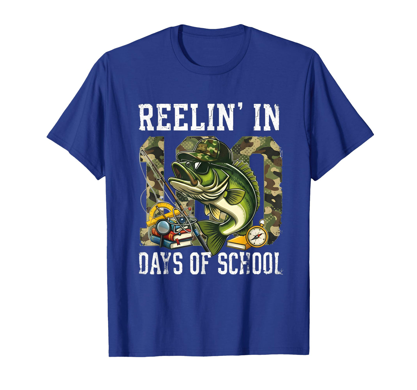 Reelin' in 100 Days of School Bass Camo Fishing Lover Boys T-Shirt