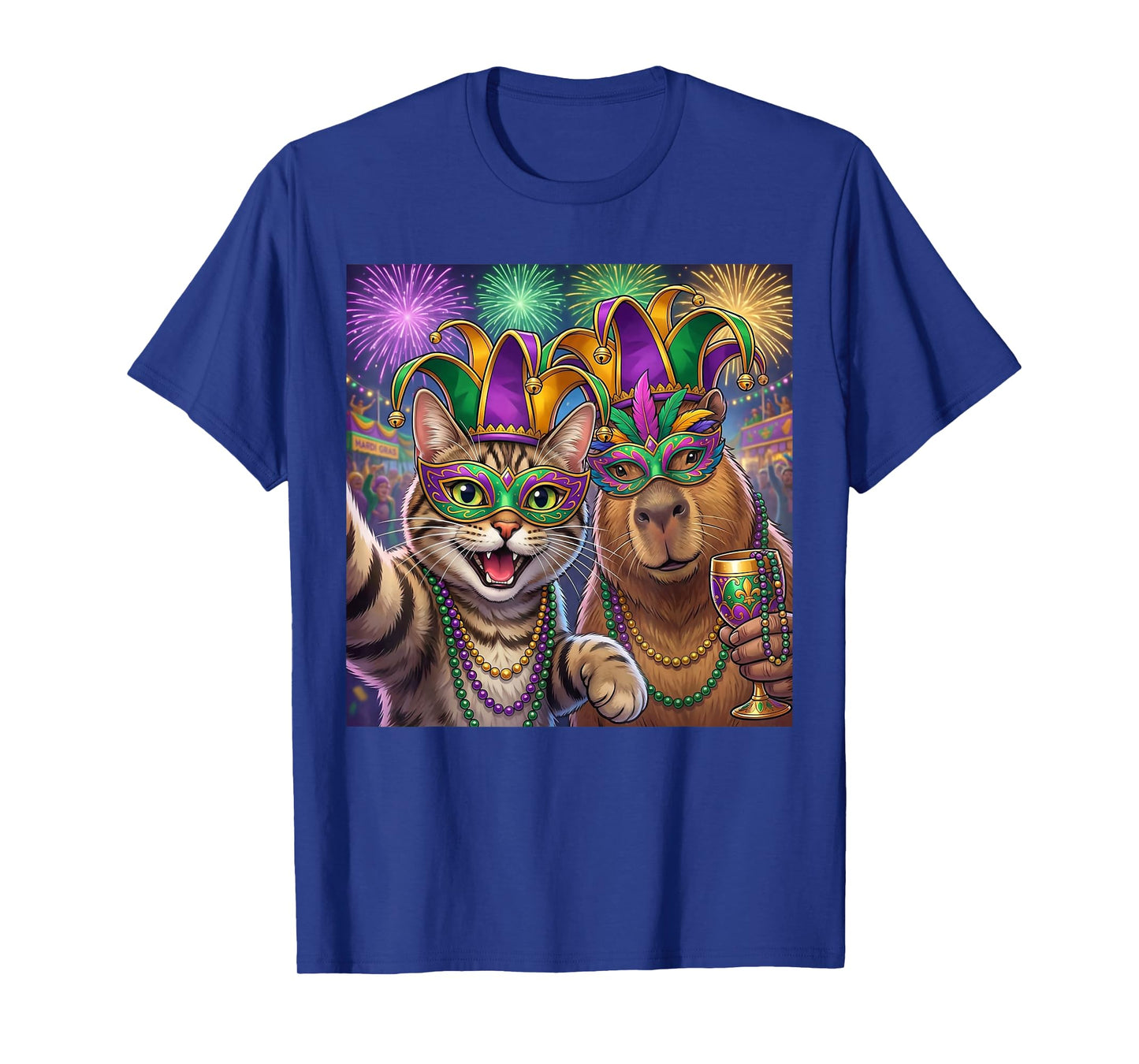 Funny Cat Capybara Selfie Mardi Gras Carnival Party Art T-Shirt