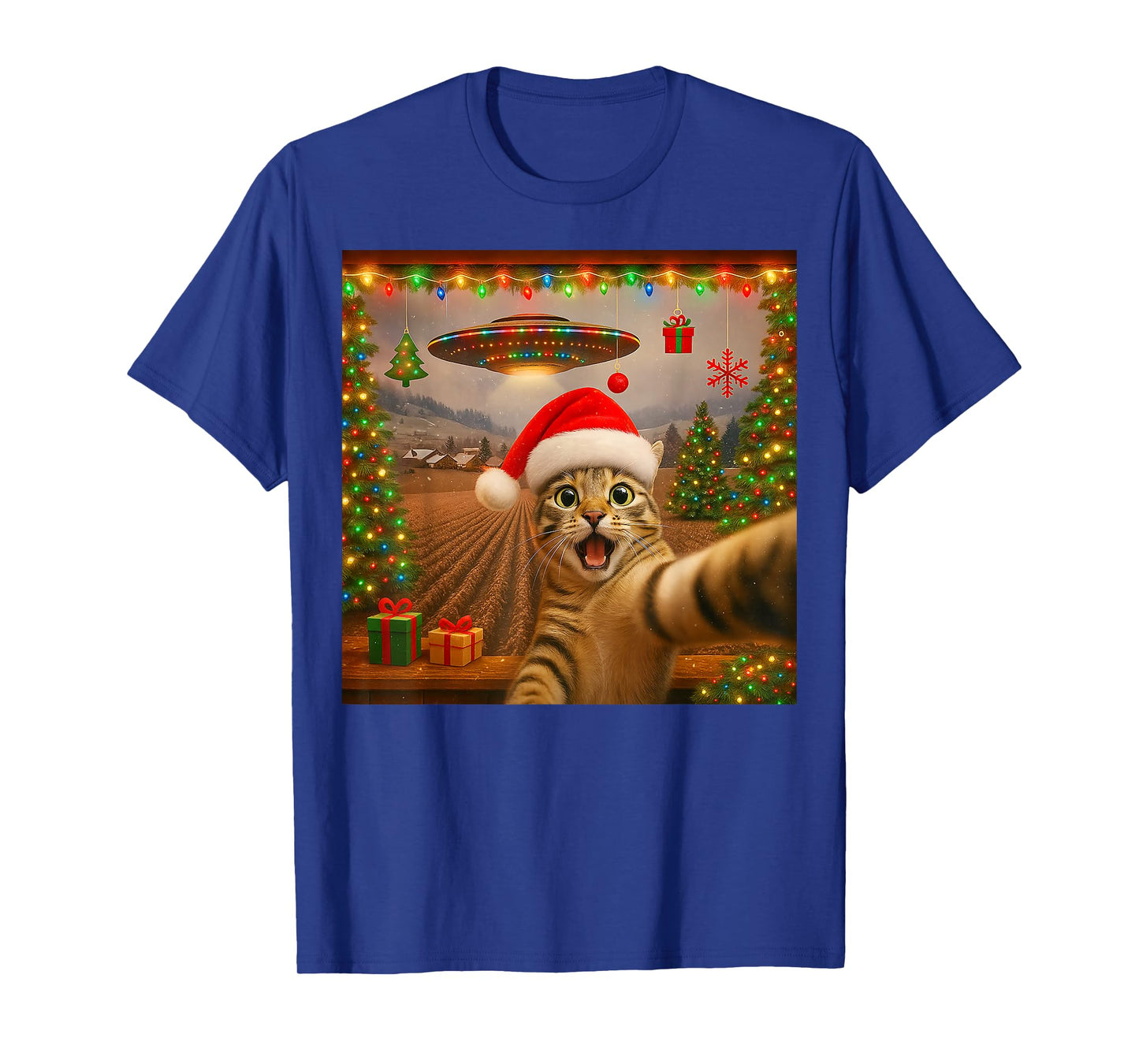 Funny Cat Selfie with Alien UFO Christmas Lights Santa Hat T-Shirt