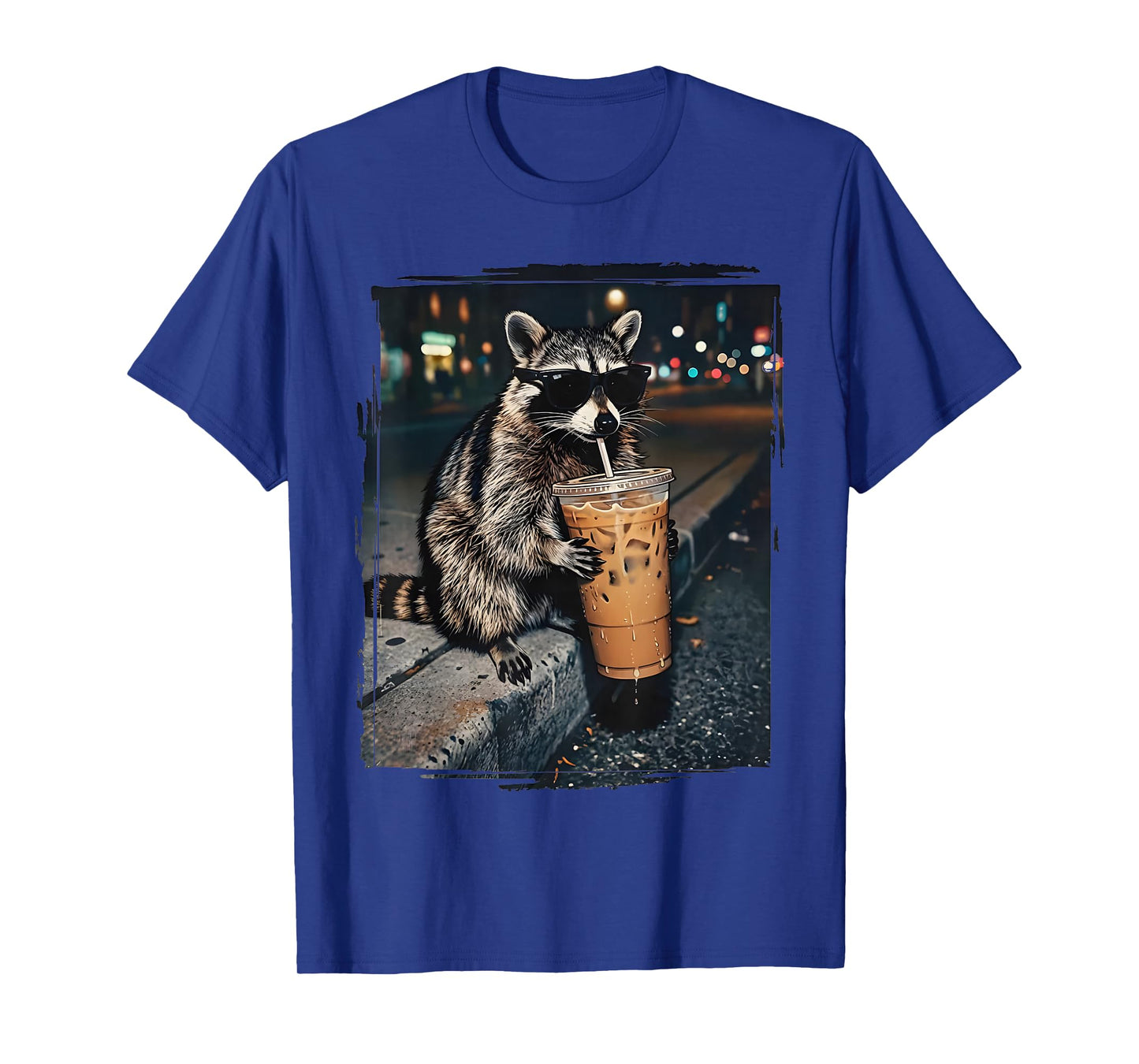 Feral for Iced Coffee Funny Cool Raccoon Drinking Sunglasses T-Shirt