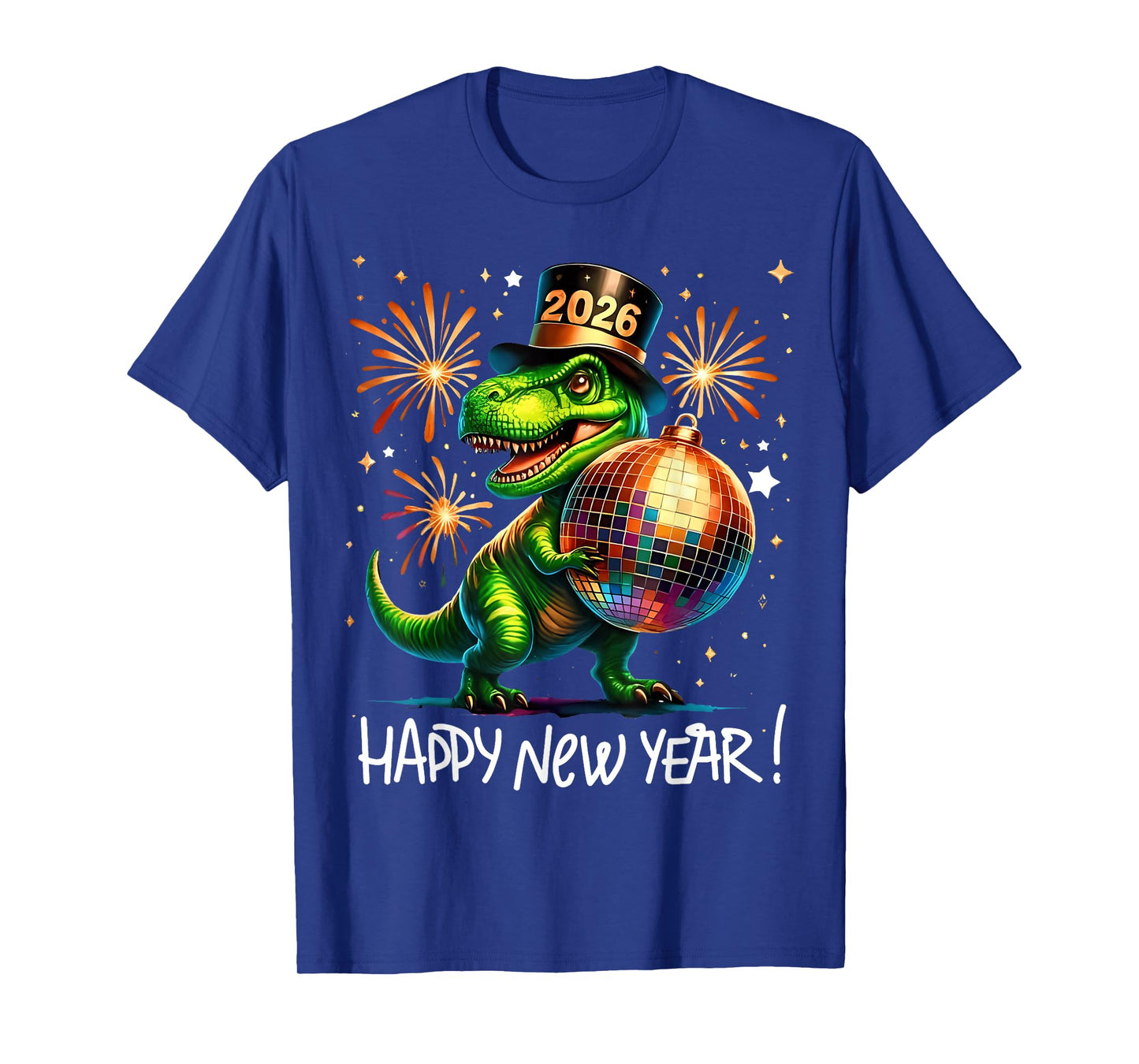 T Rex Happy New Year 2026 Disco Ball Fireworks Tee T-Shirt