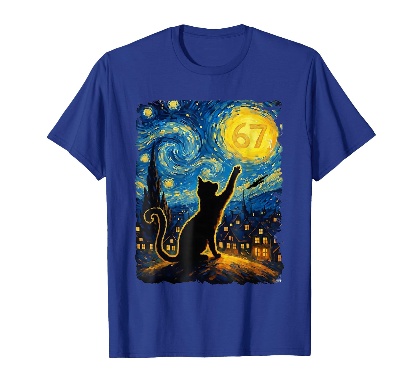 Funny Six Seven 6 7 Meme Starry Night Van Gogh Black Cat T-Shirt