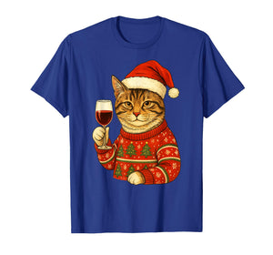 Christmas Santa Cat Drinking Wine Cute Kitten Holding Wine T-Shirt