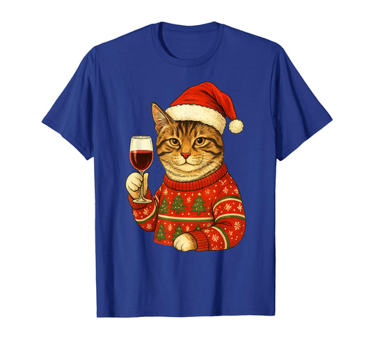 Christmas Santa Cat Drinking Wine Cute Kitten Holding Wine T-Shirt