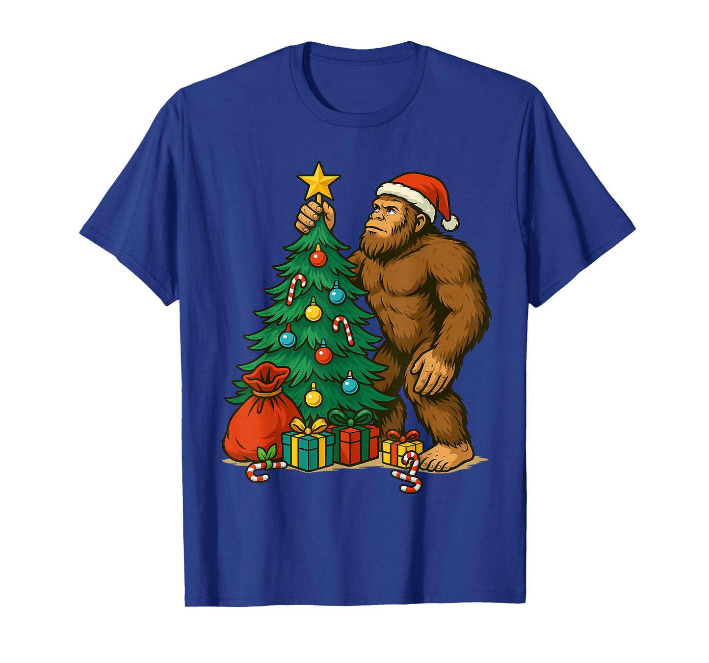 Santa Bigfoot Christmas Tree Lights Xmas Boys Men Sasquatch T-Shirt