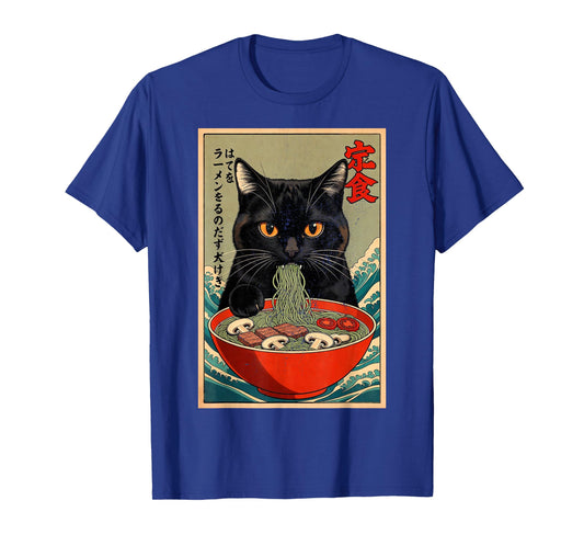 Black Cat Eating Ramen with Japanese Wave Kawaii Anime T-Shirt