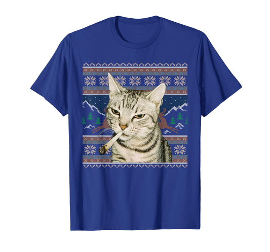 Funny Smoking Cat Meme Christmas Ugly Sweater Cat Lovers T-Shirt