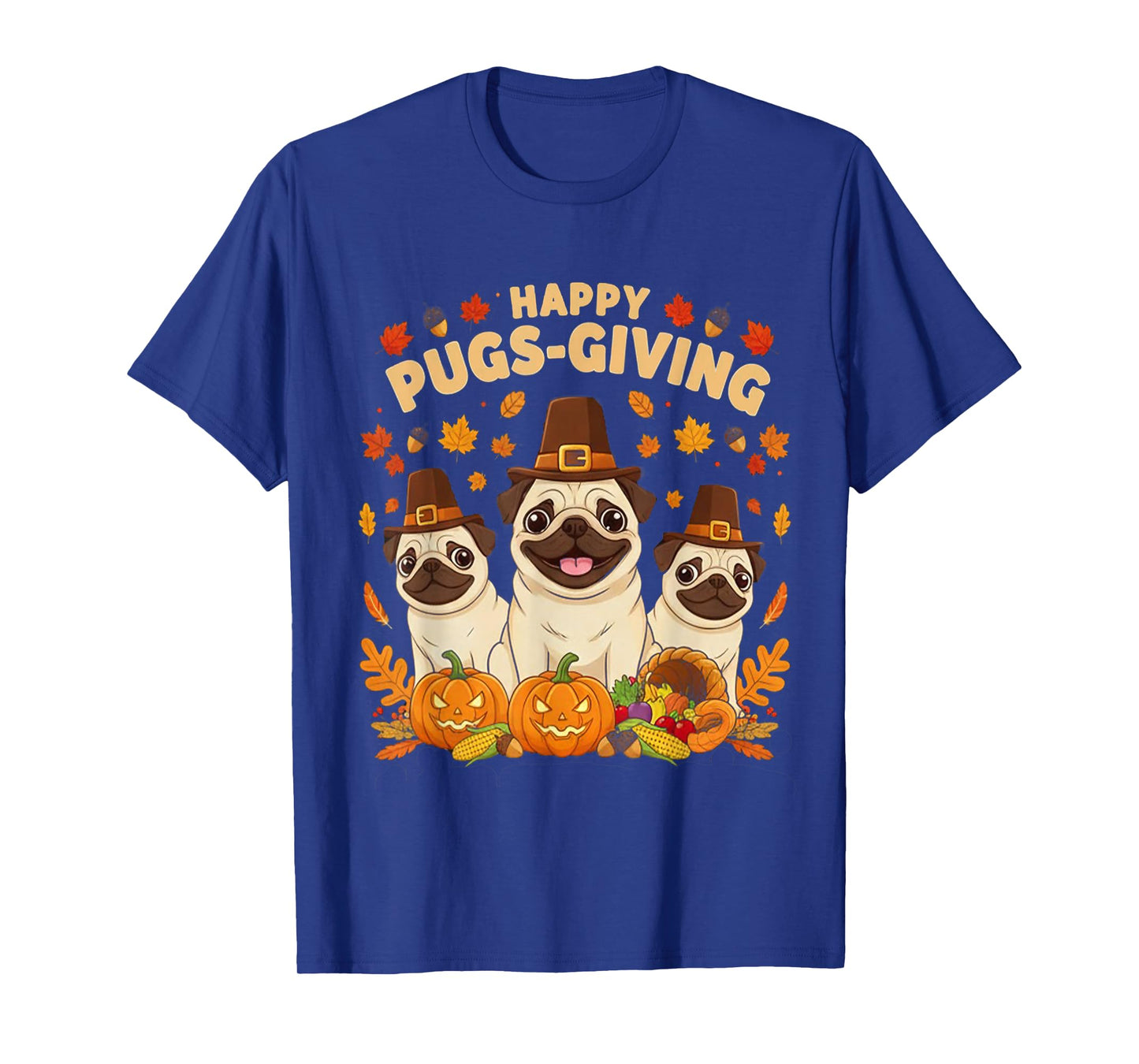 Happy Pugsgiving Cute Thanksgiving Pug Dog Wears Pilgrim Hat T-Shirt