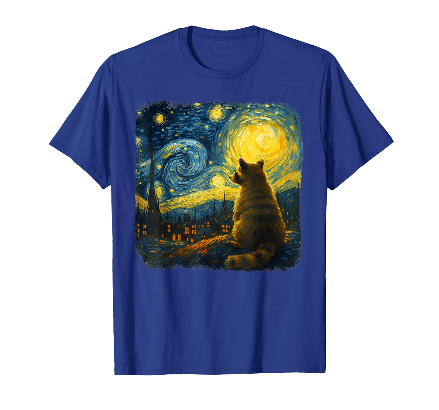 Raccoon Watching Starry Night Sky Moon Artistic Scene Animal T-Shirt