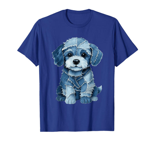 Funny Maltipoo Dog Blue Denim Patchwork Pattern T-Shirt