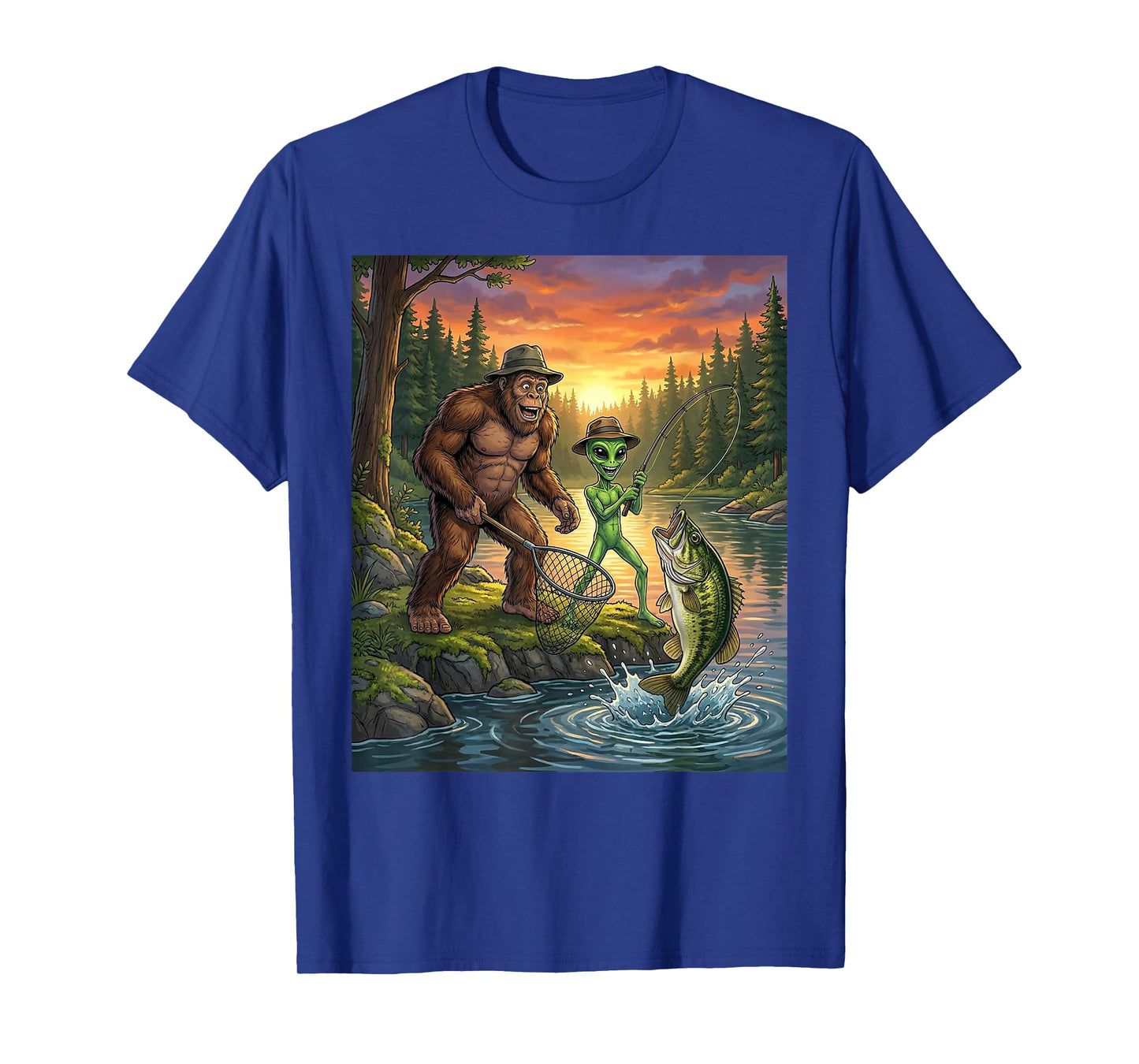 Funny Bigfoot Fishing Mens Alien Sasquatch Fishing Boys T-Shirt