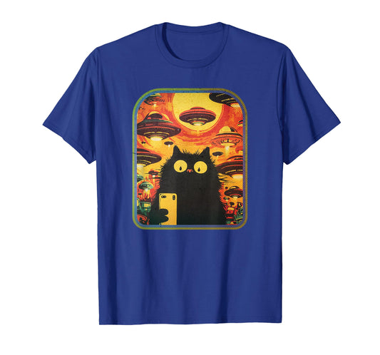 Retro Space Cat Selfie with UFOs T-Shirt