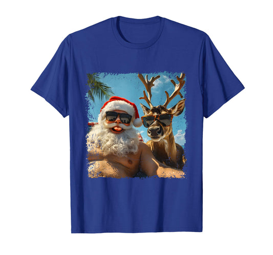 Santa and Reindeer Selfie Funny Christmas Vacation T-Shirt