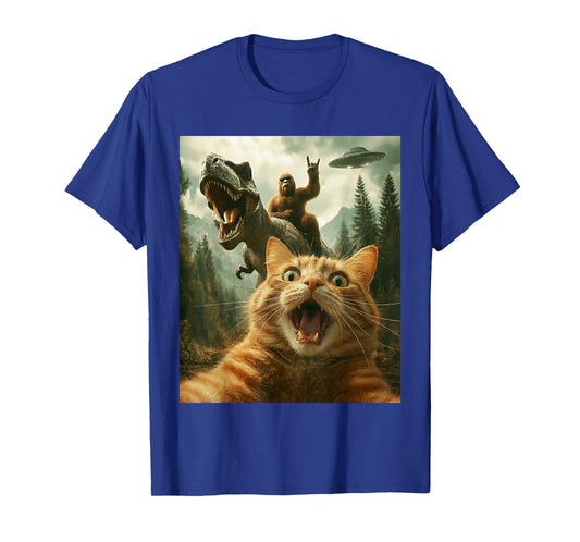 Cat Selfie with Bigfoot Riding T-Rex Dinosaur Flying UFO T-Shirt
