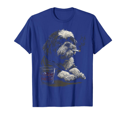 Shih Tzu Smoking Cigarette Whisky Lover Funny Dog T-Shirt
