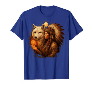 Indian Native American Woman with White Wolf Vitage Gifts T-Shirt