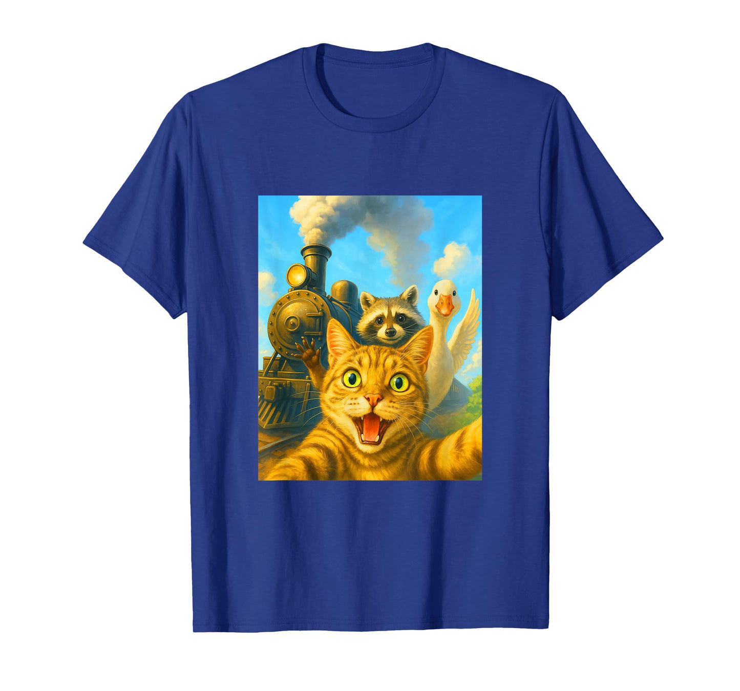 Funny Steam Engine Train Design Cat Selfie Raccoon Goose T-Shirt