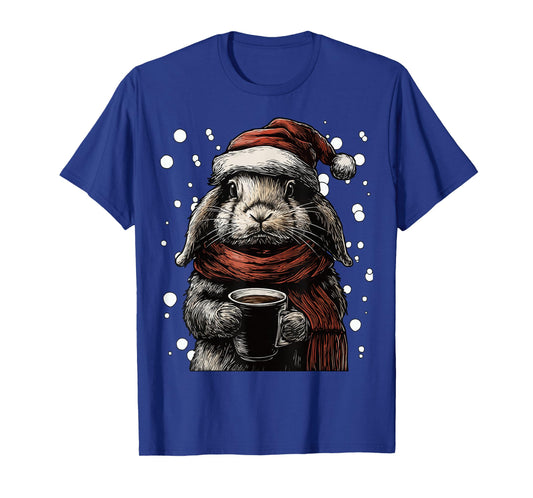 Cute Christmas Rabbit Santa Hat Coffee Lover Funny Winter T-Shirt