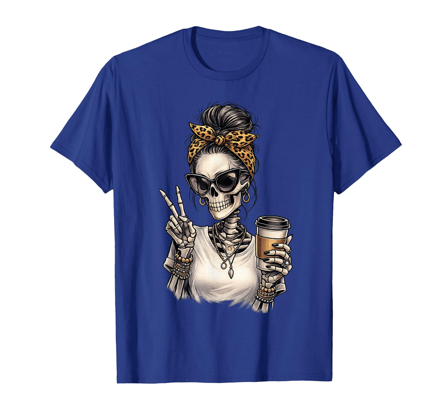 Skeleton Girl Drinking Coffee Peace Sign Graphic T-Shirt