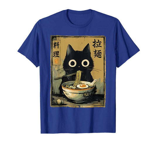 Black Cat Eating Ramen Japanese Food Noodle Kitten Anime T-Shirt