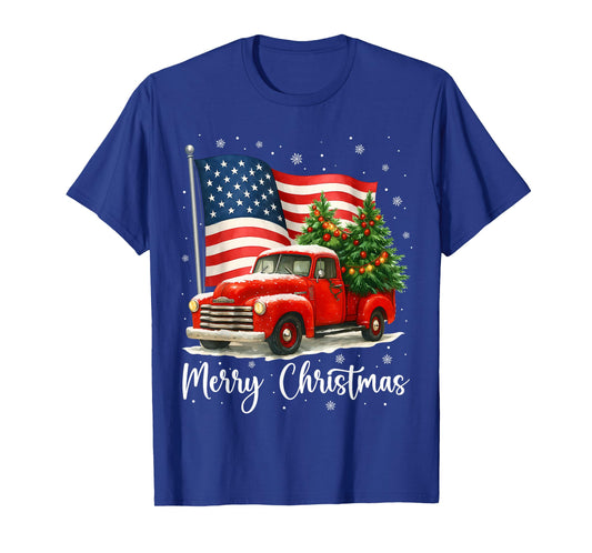 Merry Christmas Red Truck Christmas USA Flag Family Pajama T-Shirt