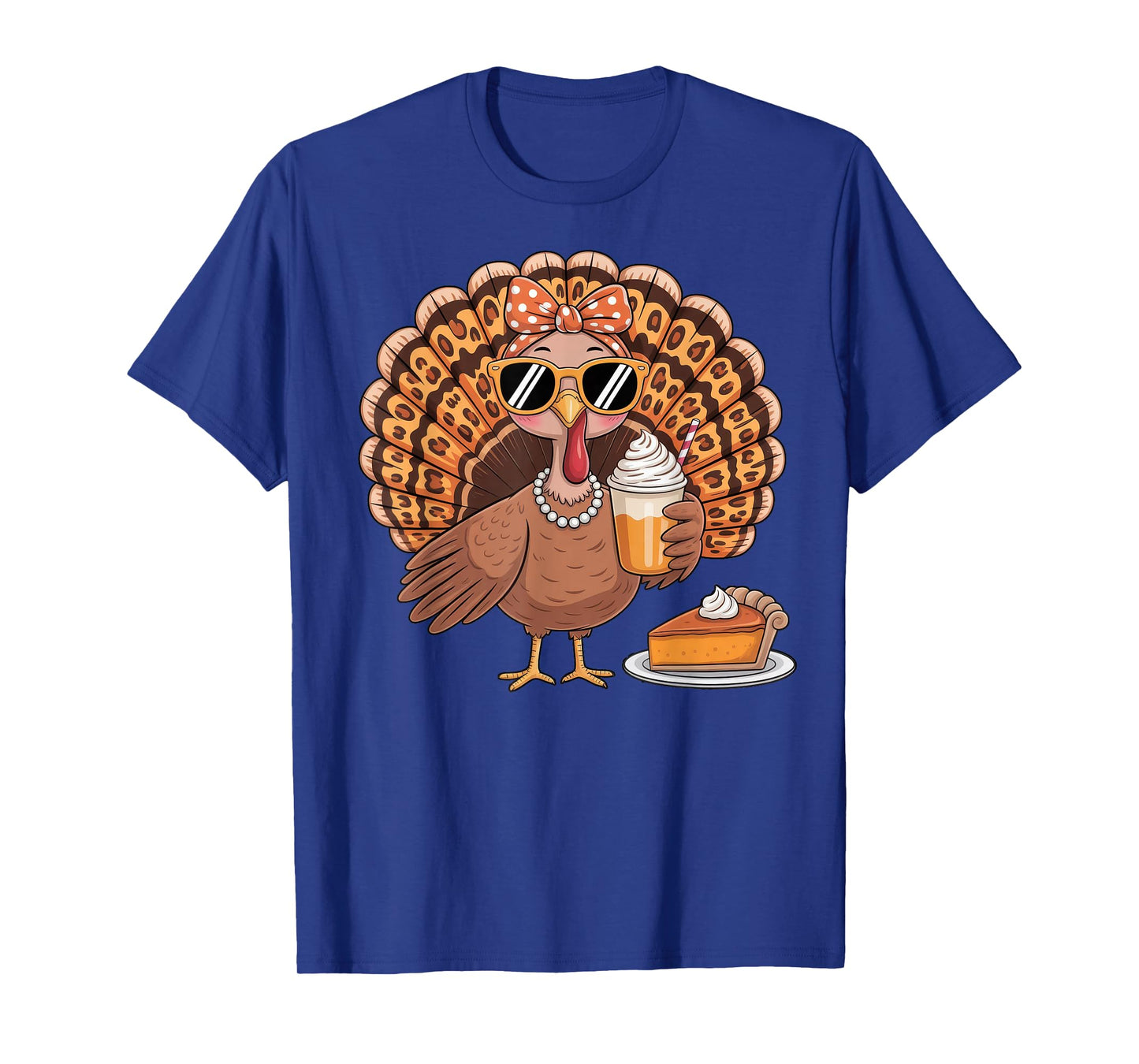 Turkey Drinking Coffee Bow Thanksgiving Leopard Women T-Shirt