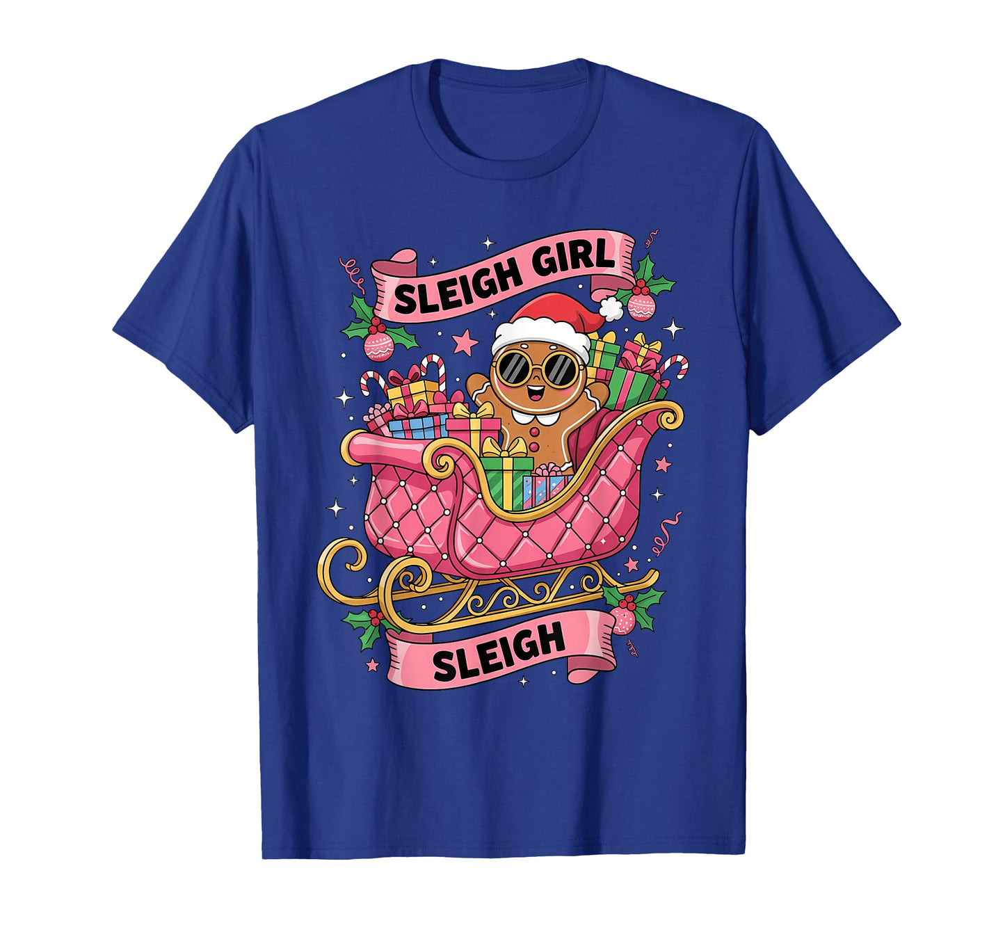 Gingerbread Sleigh Girl Pink Funny Christmas Women Girls T-Shirt