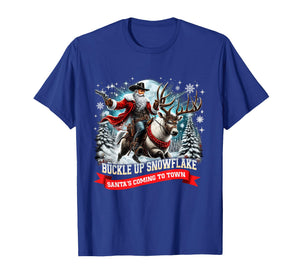 Buckle Up Snowflake Funny Cowboy Santa Design T-Shirt