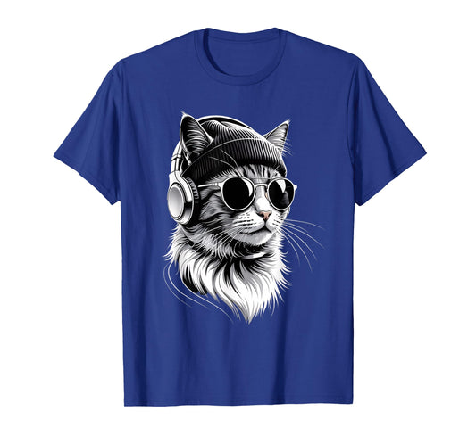 Cool Cat with Headphones, Beanie and Sunglasses T-Shirt