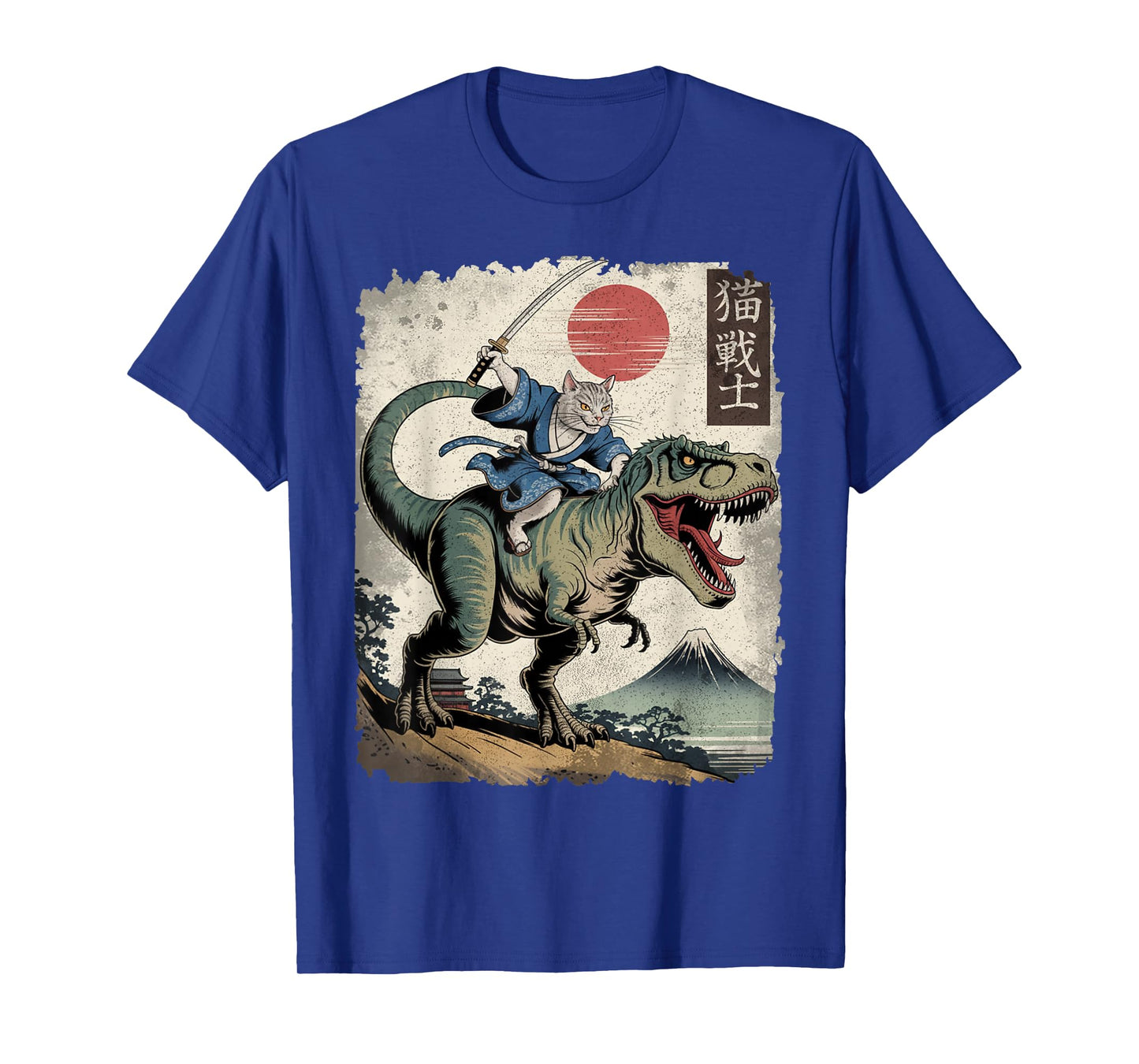 Funny Cat Riding T Rex Japanese Ukiyo-e Art Samurai Cat T-Shirt