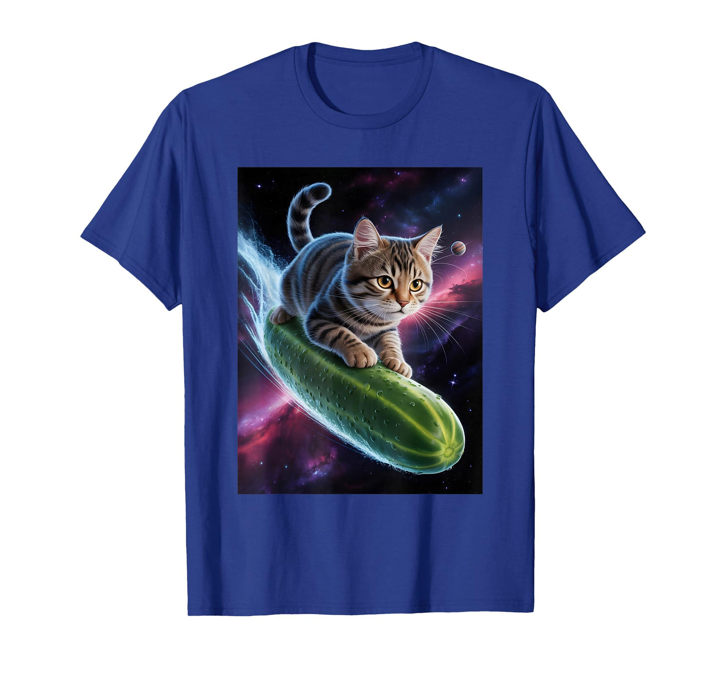 Cat Riding a Cucumber Pickle in Space Astronaut Kitten T-Shirt