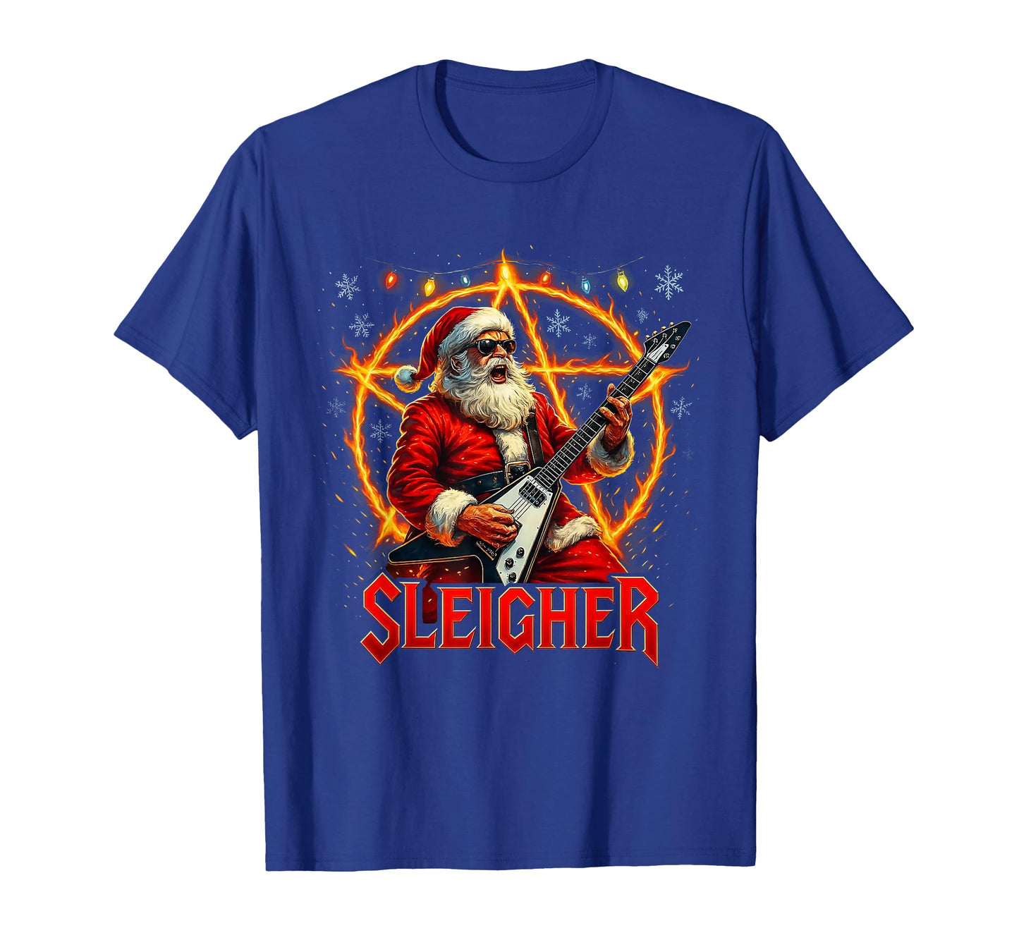 Sleigher Metal Santa Rocking Christmas Design T-Shirt