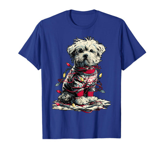 Cute Maltese with Christmas Lights Festive Animal Winter Dog T-Shirt
