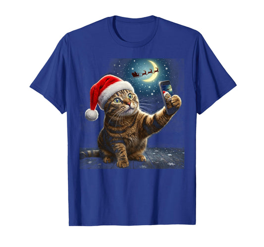 Funny Cat Christmas Selfie Santa Sleigh Graphic T-Shirt