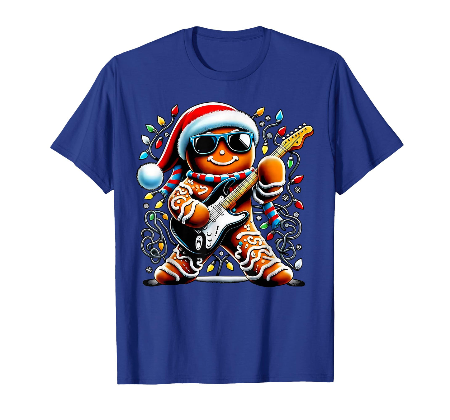Rock Star Gingerbread Christmas Guitar Lights Men Women Kids T-Shirt