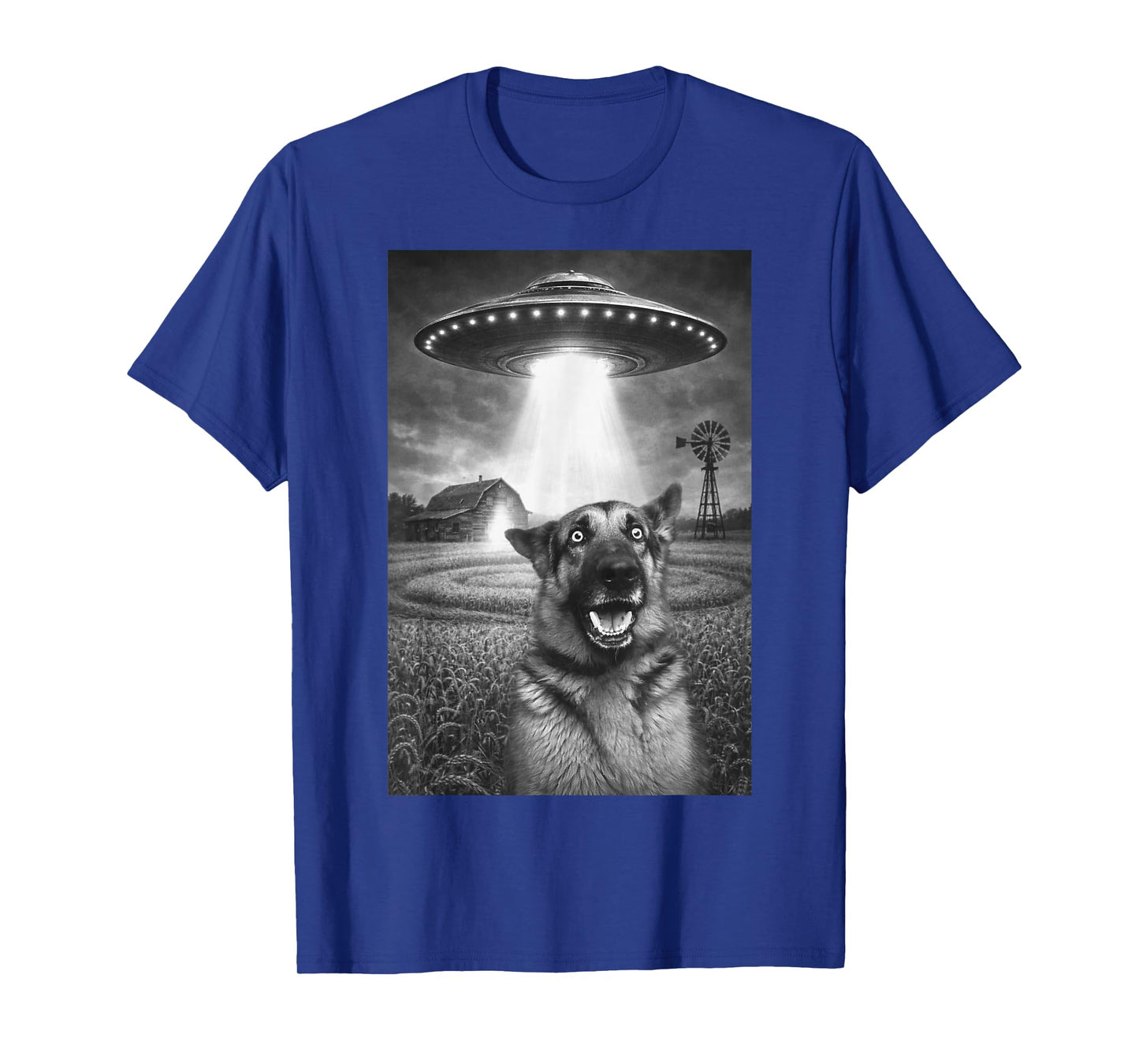 Funny German Shepherd Dog Shocked UFO Alien Abduction Farm T-Shirt
