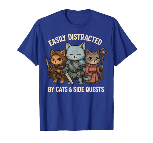 Easily Distracted by Cats & Side Quests Role-Playing Fantasy T-Shirt