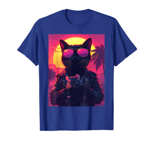 Cool Black Cat with Mouse and Retro Sunset T-Shirt