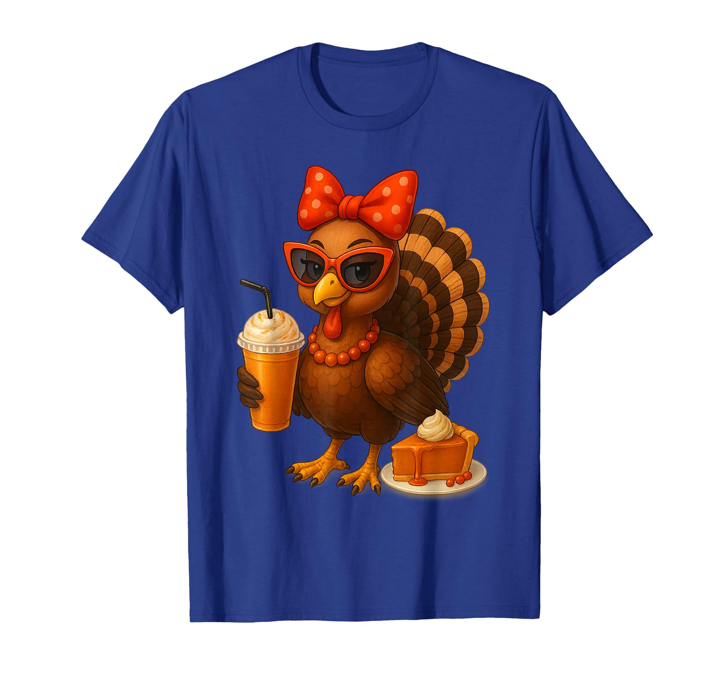 Turkey Drinking Coffee Thanksgiving Bow Womens Turkey Day T-Shirt