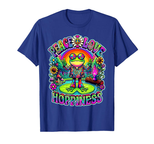 Psychedelic 70s Frog with Rainbow Peace Love Hoppiness Vibes T-Shirt