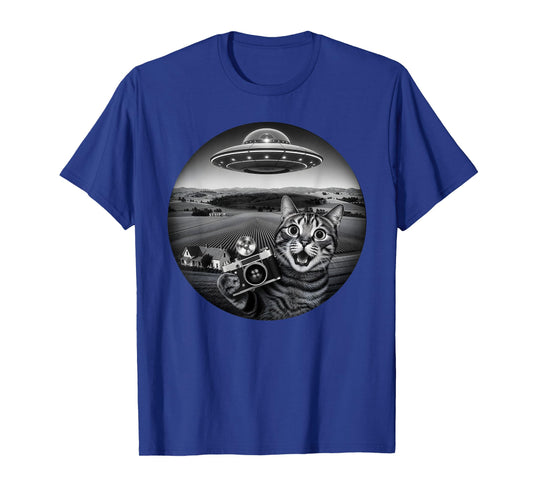 Funny Cat Selfie with Alien UFO for Men Women Kids T-Shirt