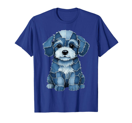 Funny Puppy Dog Blue Denim Patchwork Pattern T-Shirt