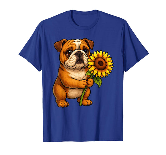 Cute English Bulldog Dog Holding Sunflower Flower T-Shirt
