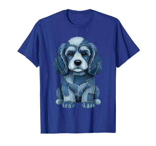 Funny Cocker Dog Blue Denim Patchwork Pattern T-Shirt