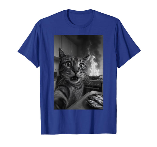 Funny Cat Selfie with Burning Kitchen Silly Cat Graphic Meme T-Shirt