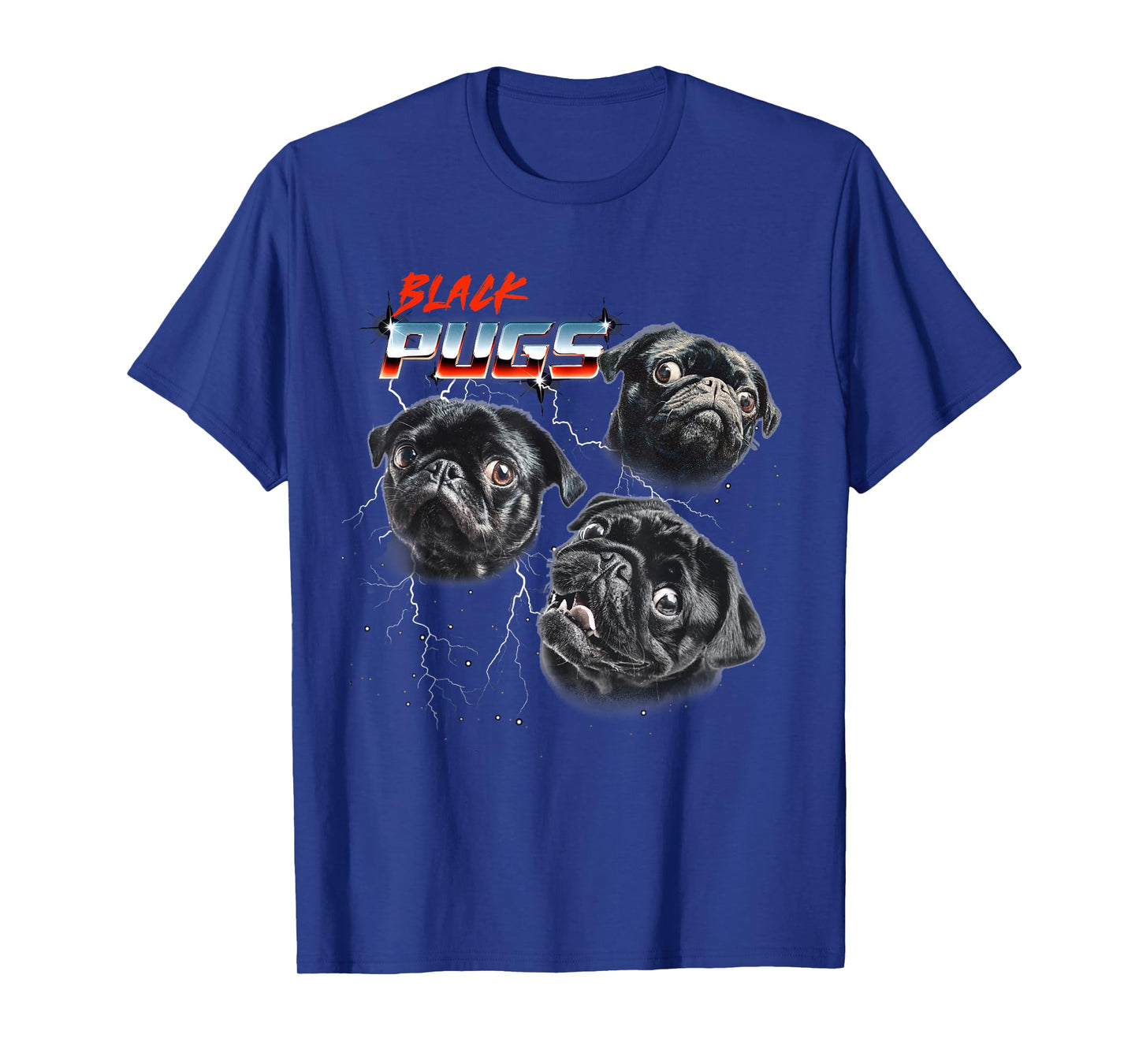 Mens Womens 80s Heavy Metal Rock Band Black Pug Dog Lover T-Shirt