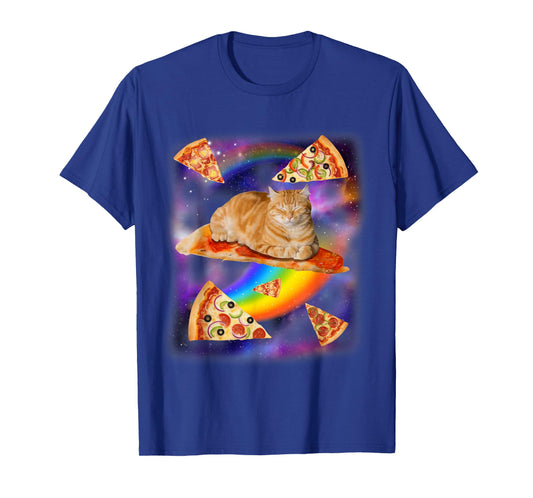 Funny Cat Riding Pizza Galaxy Cat in Space with Rainbows T-Shirt