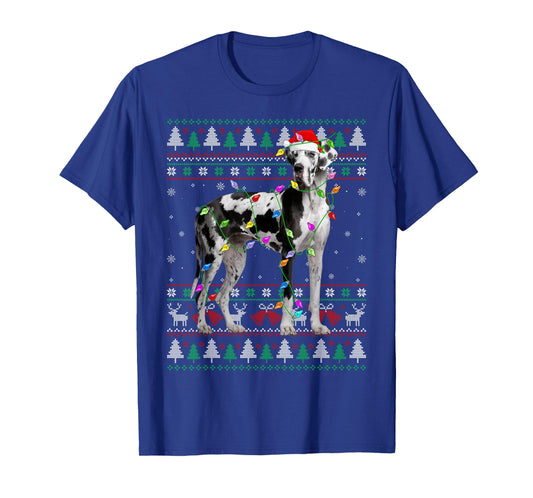 Great Dane Harlequin Dog Christmas Ugly Sweater Lights Xmas T-Shirt