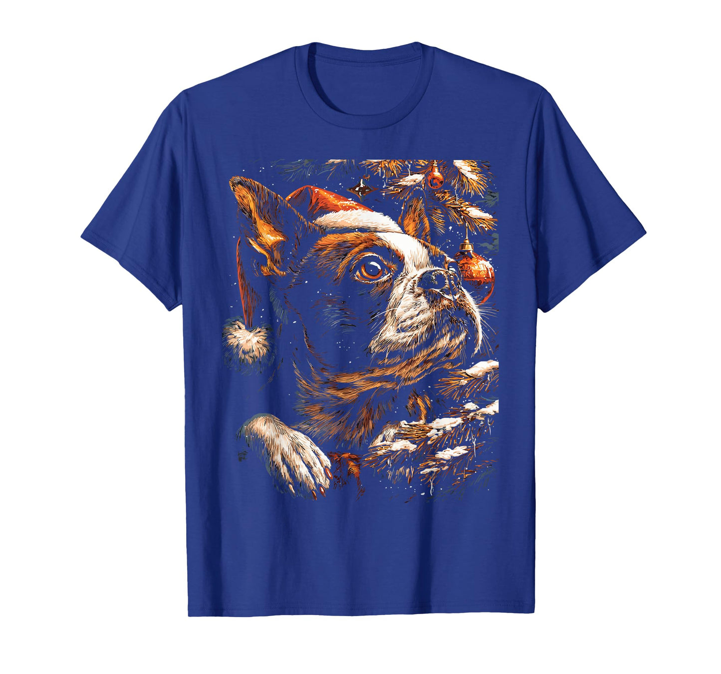 Christmas Boston Terrier Santa Hat Festive Winter Snowy Dog T-Shirt