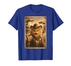 UFO Alien Wild West Japanese Graphic Funny Cat Selfie T-Shirt